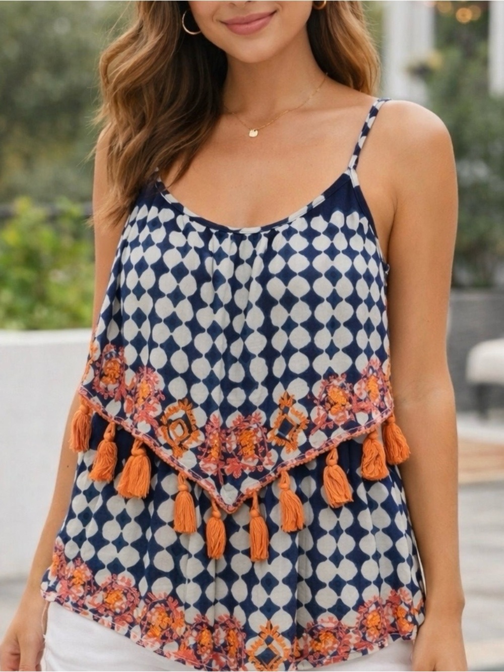 California Moonrise Navy & Orange Tassel Floral Embroidered Trim Boho Top Medium